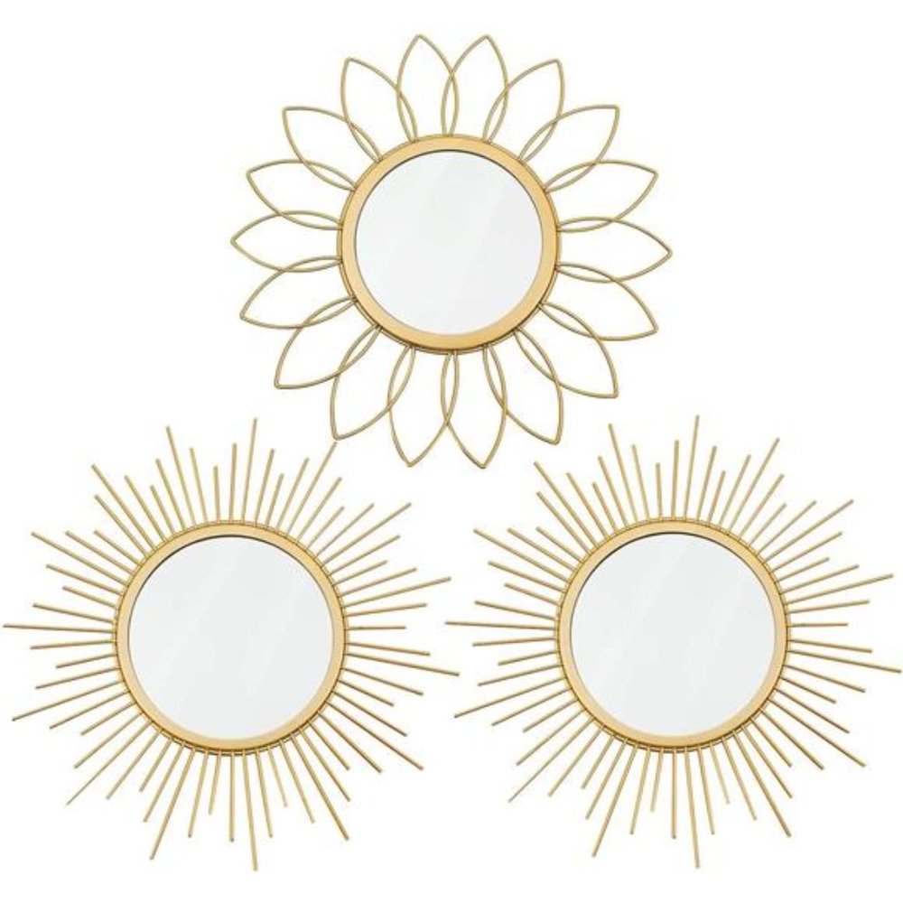 3 Pack Gold Mirrors for Wall Metal Sunburst Wall Mirrors Home Décor Decorative